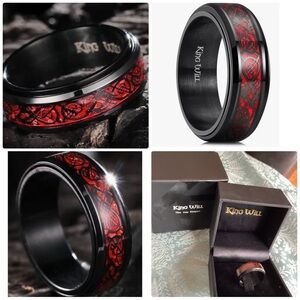 🐴 NIB Stainless Steel Black Red Spinner Ring Celtic Dragon Inlaid